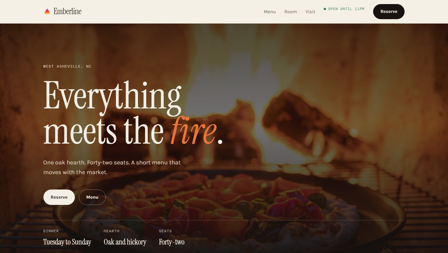 The Emberline homepage, showing a live fire behind the headline Everything meets the fire