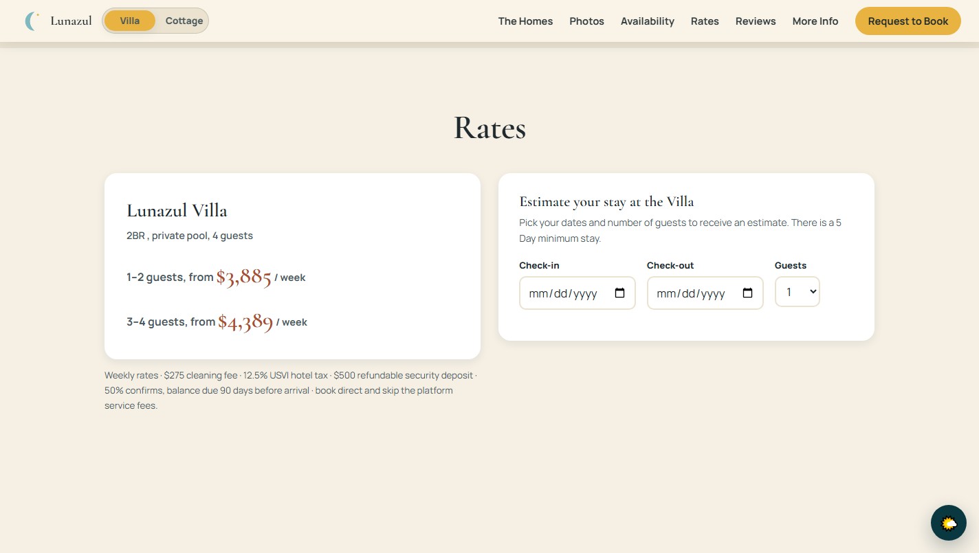 The Lunazul rates section, showing a nightly from-price card next to a live cost estimator