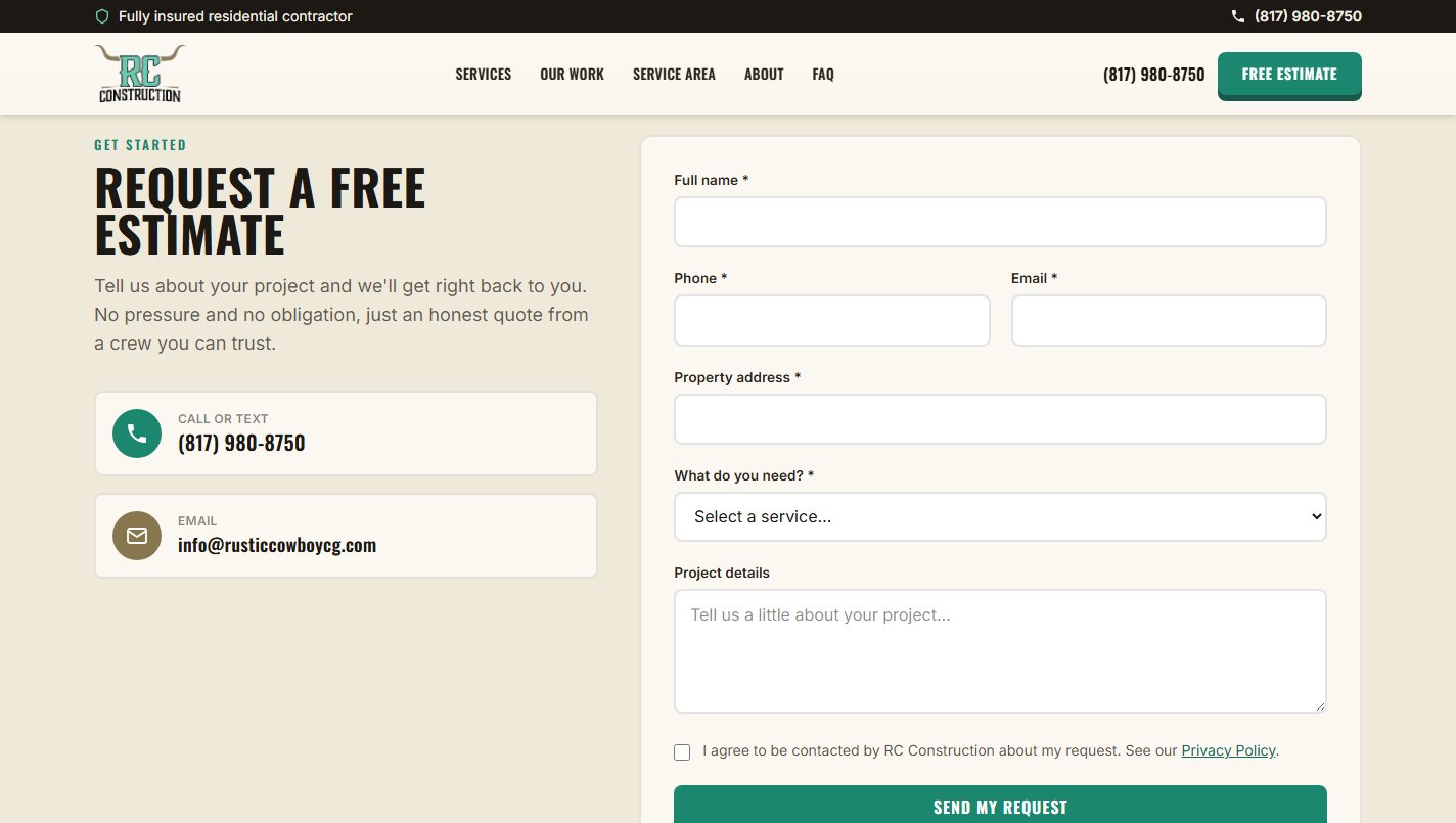 The Request a Free Estimate section, with a phone number, email, and a form asking for name, phone, email, property address, and service needed