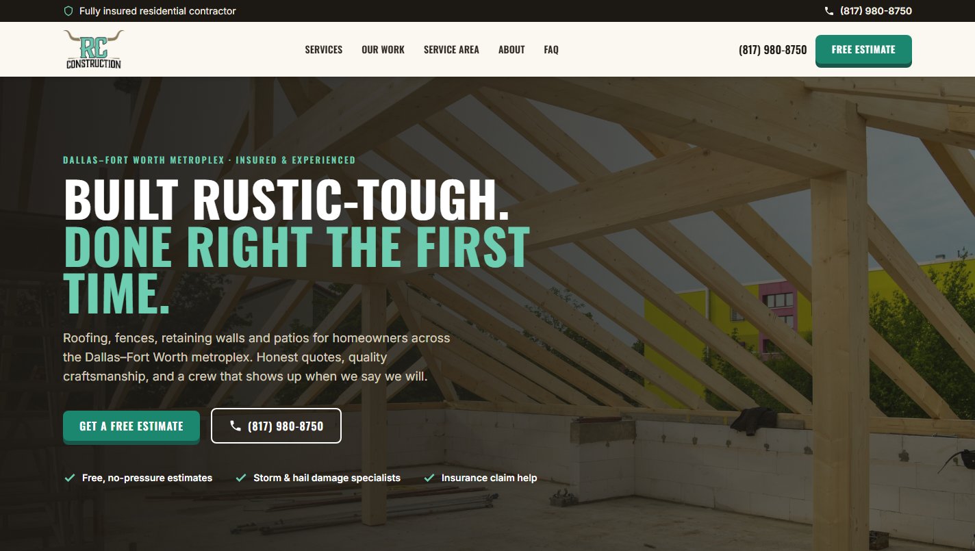 The Rustic Cowboy Construction homepage, showing a timber-frame roof photo behind the headline Built rustic-tough